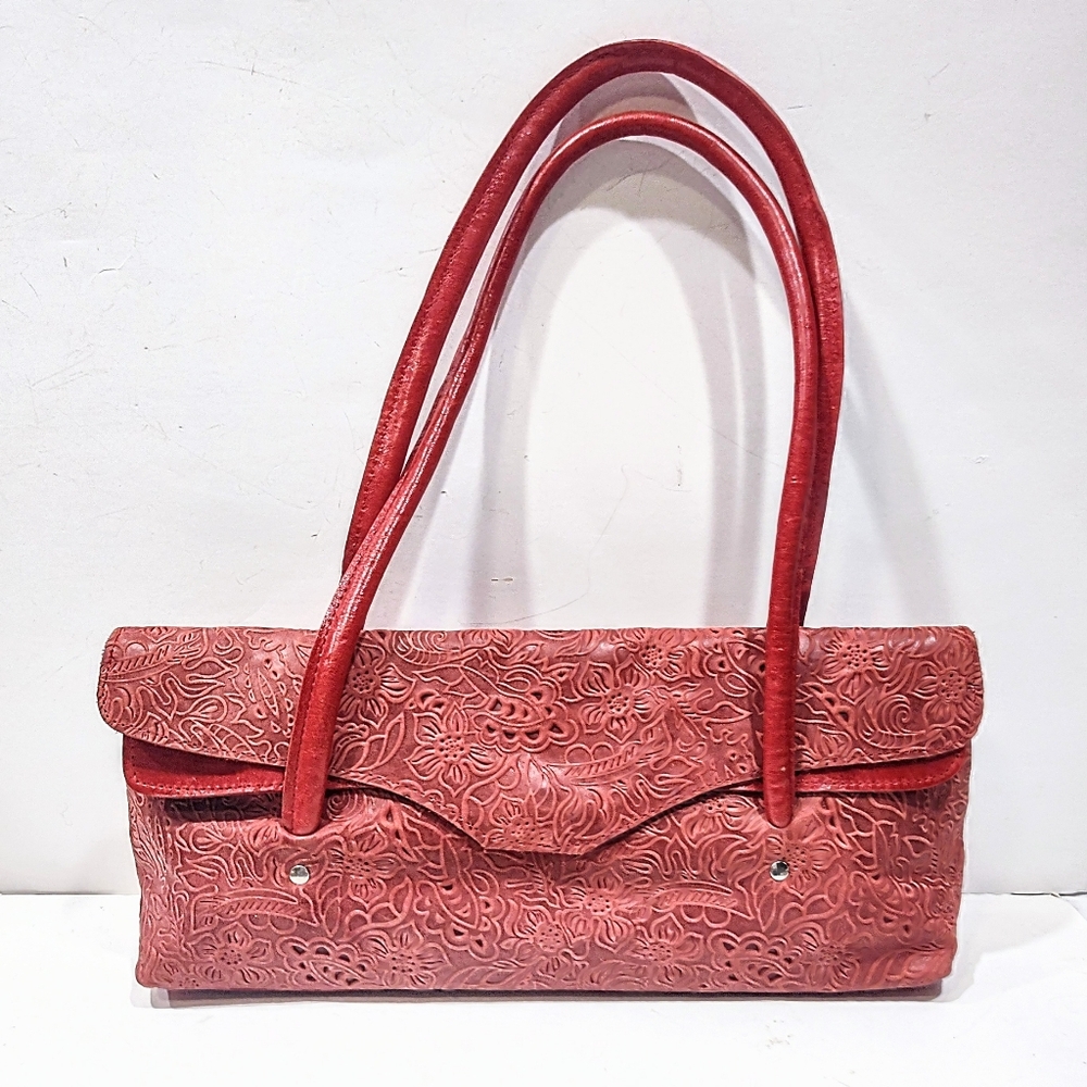 Igos Cuero Argentina Red Embossed Leather Handbag Floral Tote Shoulder Bag Purse